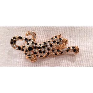 Vintage Cat Brooch Pin Signed Roman Gold Tone Crystals Cheetah Panther Leopard